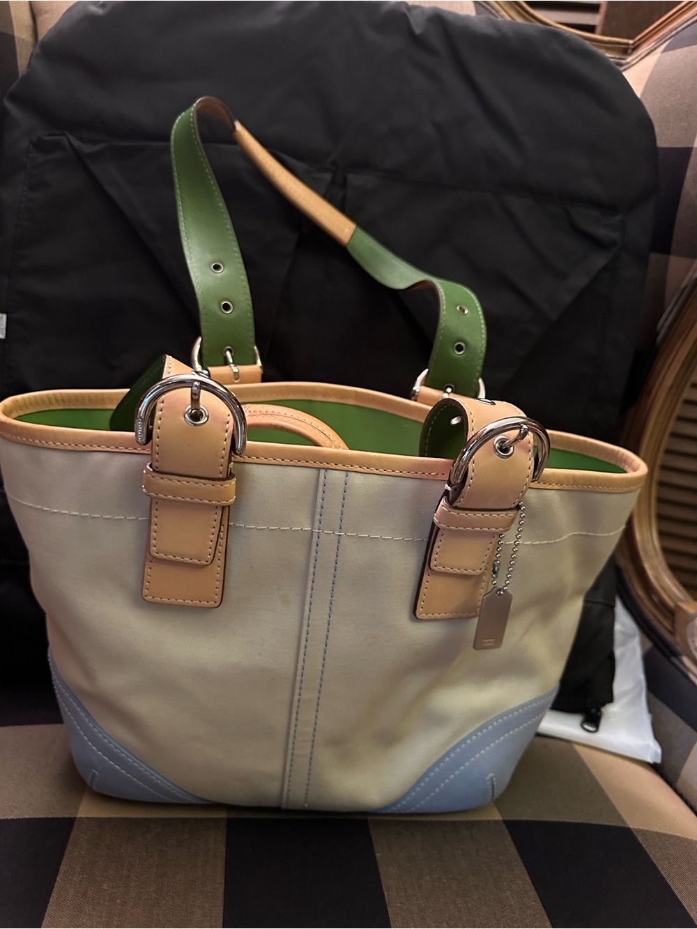 Coach Cream Canvas Tote with Tan Trim, Blue Base & Green Handles